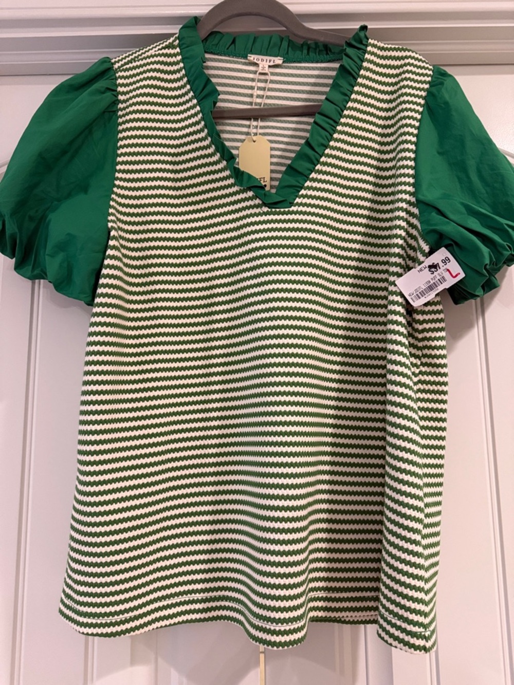 JODIFL Green & White Striped Ruffle V-Neck Puff Sleeve Top